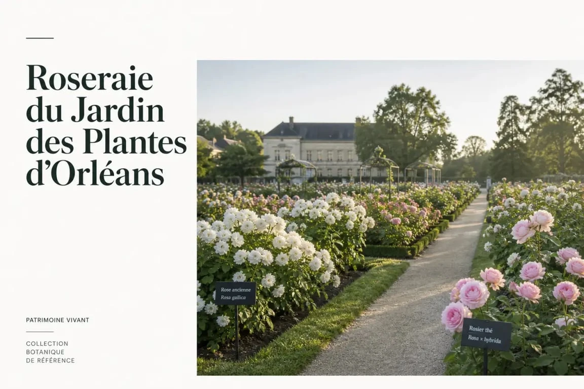 Roseraie du Jardin des Plantes d’Orléans avec rosiers en fleurs