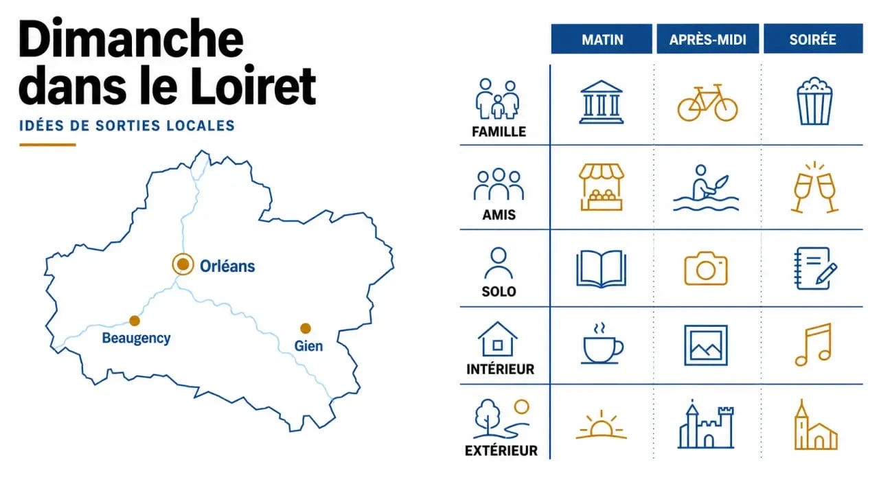 Que faire dans le Loiret ce dimanche : illustration éditoriale des sorties et créneaux conseillés