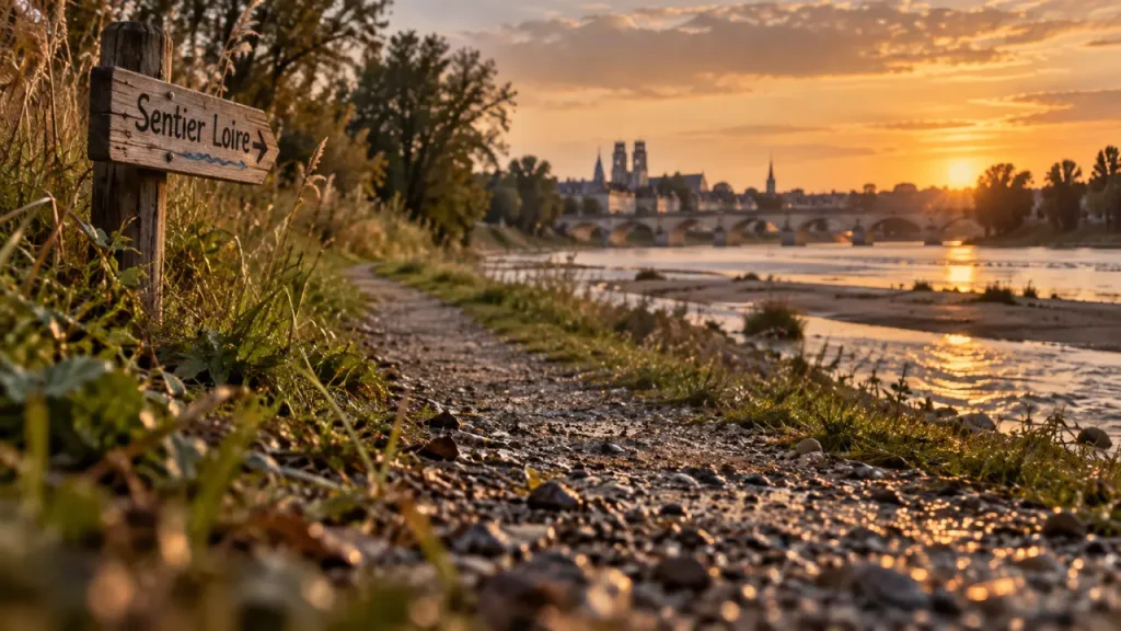 Balade bord de Loire Orléans : chemin au ras du sol au golden hour