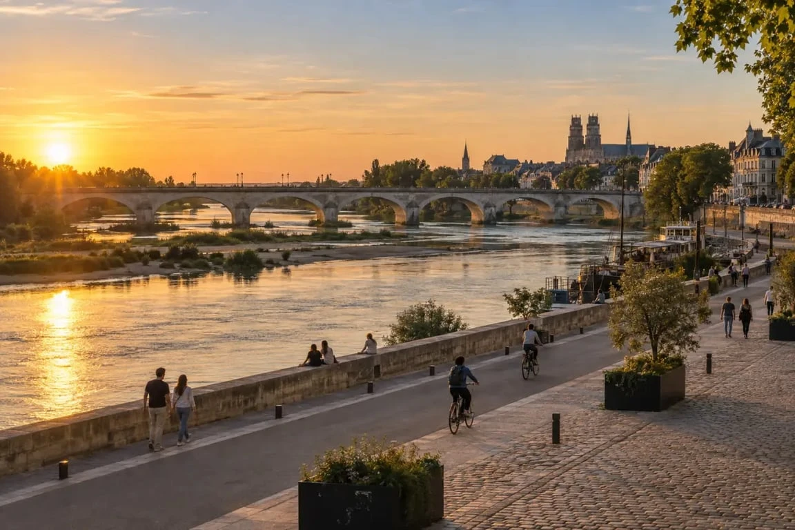 Balade bord de Loire à Orléans sur les quais au coucher du soleil