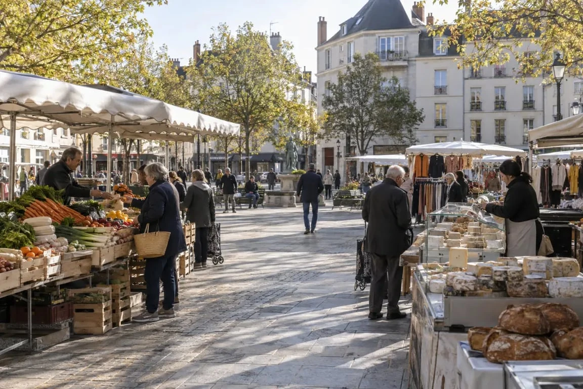 Marché Orléans La Source sur la place Albert Camus avec ses étals du matin