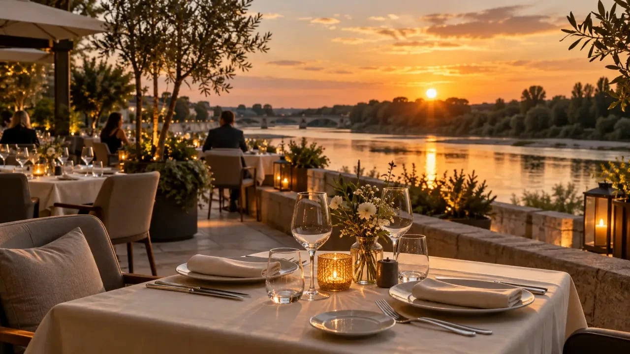 Restaurant original à Orléans avec terrasse au bord de la Loire au coucher du soleil