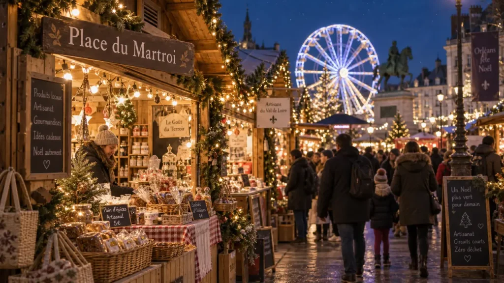 Marché de noël orléans : chalets en bois Place du Martroi