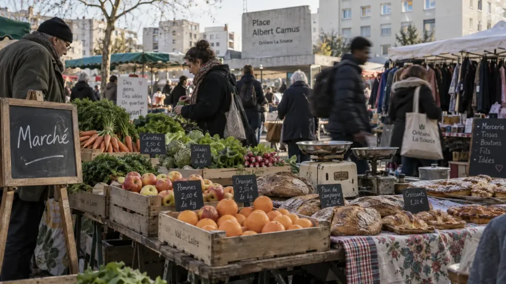 Marché orléans la source : étals de fruits et légumes, matin sur la place Albert Camus