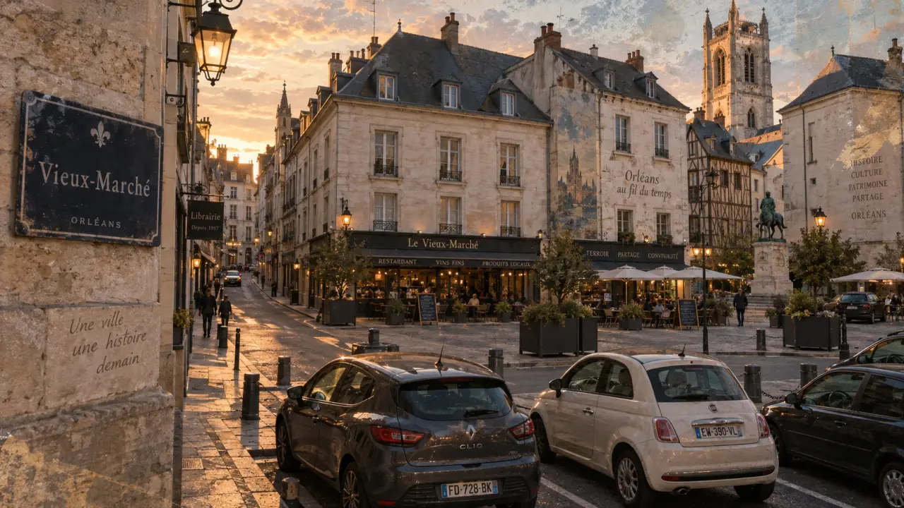 Place du vieux marché Orléans, vue depuis le trottoir vers le Vieux-Marché