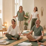 Yoga du rire orléans : groupe sur tapis, rires et respiration
