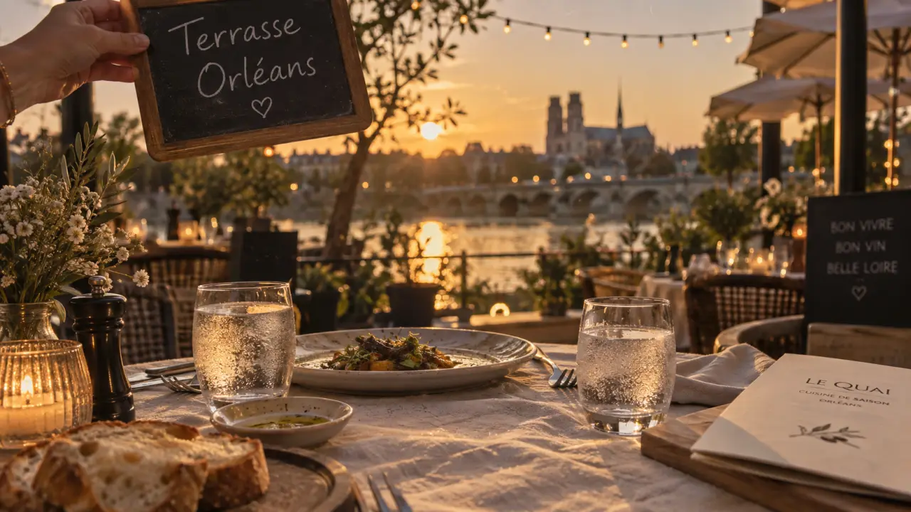 Restaurant terrasse Orléans vue Loire au golden hour
